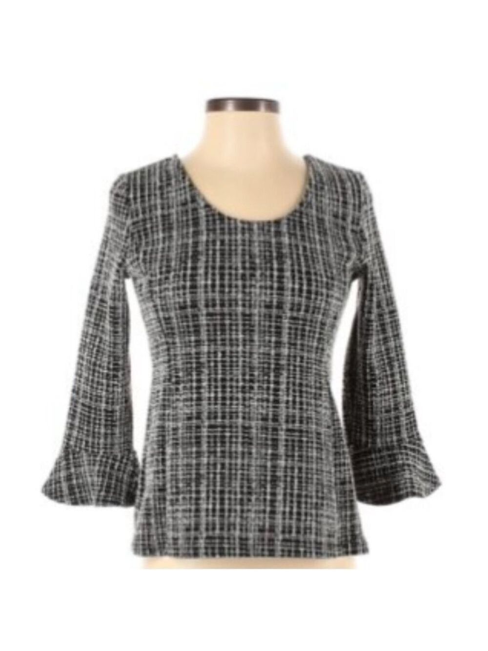 Talbots Black and White Tweed Blouse Size XLP 3/4 Bell Sleeves Casual Office EUC